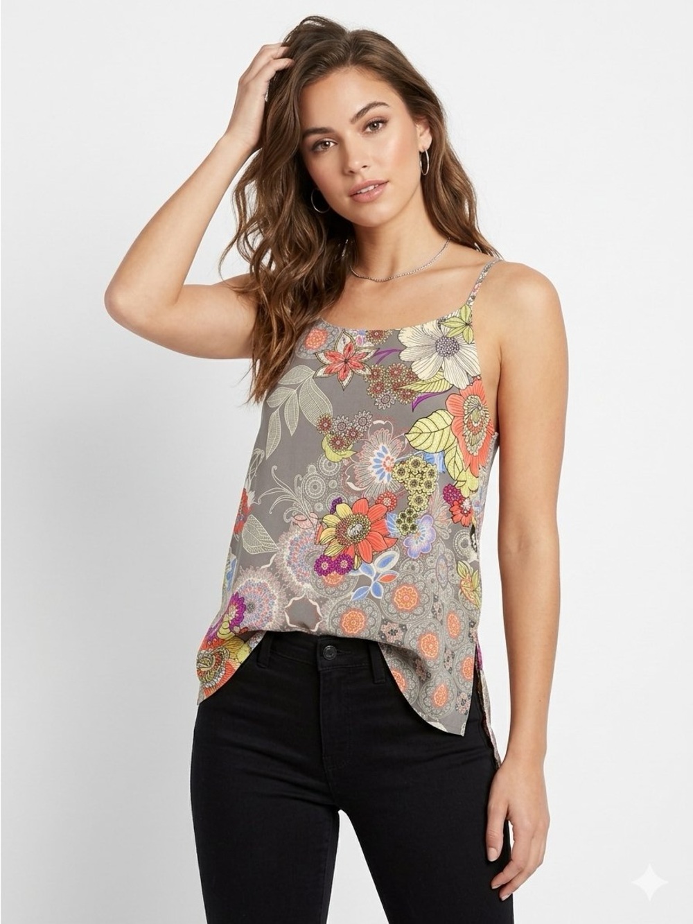 Lily Rain Floral Paisley Camisole Top Women's M Grey Multi Whimsical Boho Chic